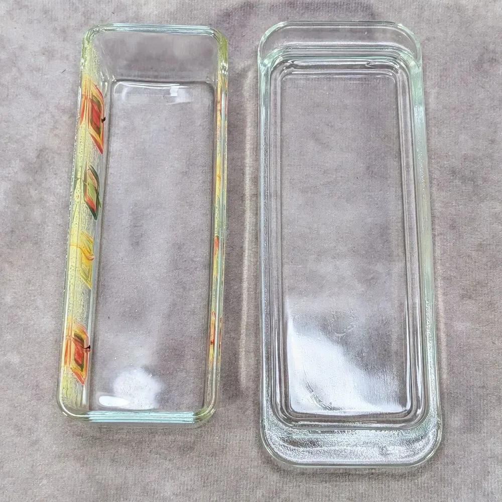 Vintage Mid Century Hand Painted Glass Butter Dish Covered Lid Abstract Art